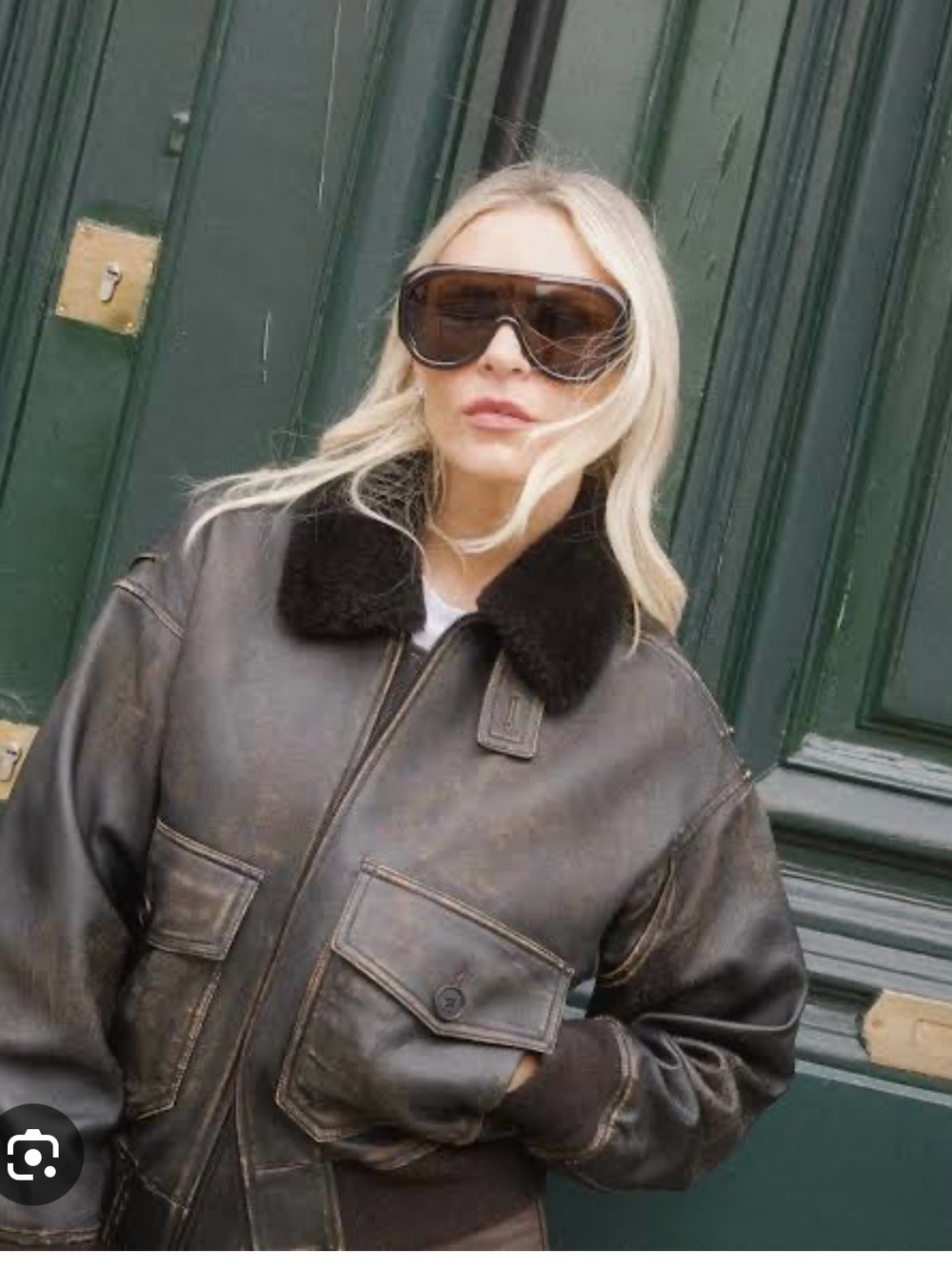 Black Leather Bomber Jacket with Sherpa Collar